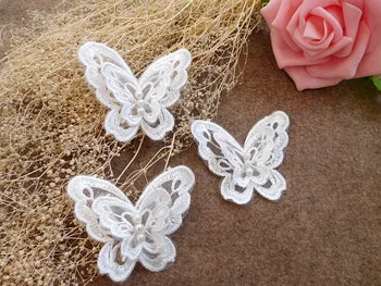 10 dona/Lot oq mash kashtachilik lace patch butterfly aplike double 3D boncuklu to'y kiyim to'r mato aksessuarlari SM144