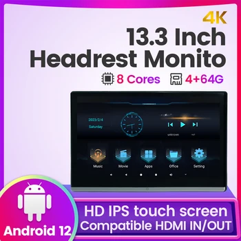 4K avtomobil Monitor 8core Android 12.0 Multifunction planshet USB/SD/HDMI amalga IPS sensorli ekran FM MP5 13,3 dyuymli 4GB Headrest TV