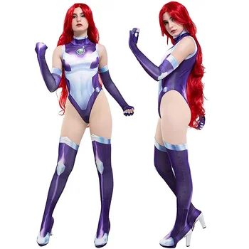 Teen Titans Starfire Koriand'r Cosplay kostyumi superqahramon kombinezon Zentai Bodysuit ayollar uchun Xellouin Karnaval partiyasi kostyumlari
