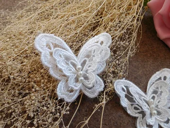 10 dona/Lot oq mash kashtachilik lace patch butterfly aplike double 3D boncuklu to'y kiyim to'r mato aksessuarlari SM144